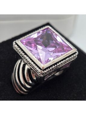 Purple Pink Topaz Gemstone Silver Tone Fashion Statement Big Ring Size 7.5